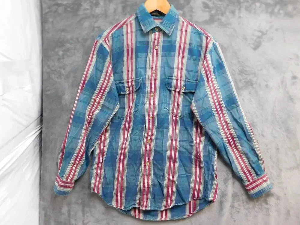 VTG Eddie Bauer Elkhorn Twill Shirt Mens L Blue Twill Long Sleeve Button Plaid